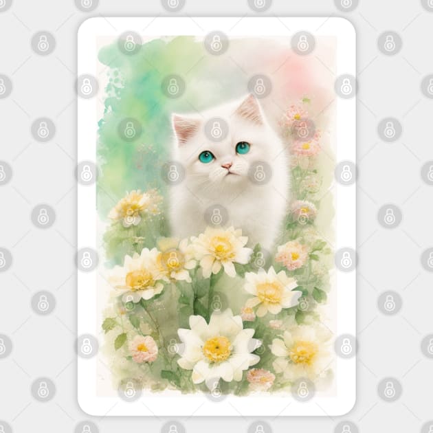 Happy White Cat in the Flower Garden Soft Pastel Colors Sticker by Stades